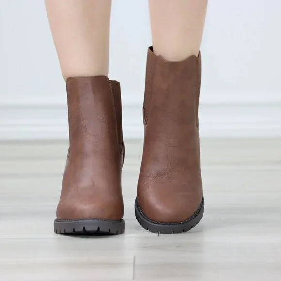 Womens Ankle Boots Lug Block Heel Brown Synthetic Leather Round Toe Elastic Gore - Picture 4 of 11